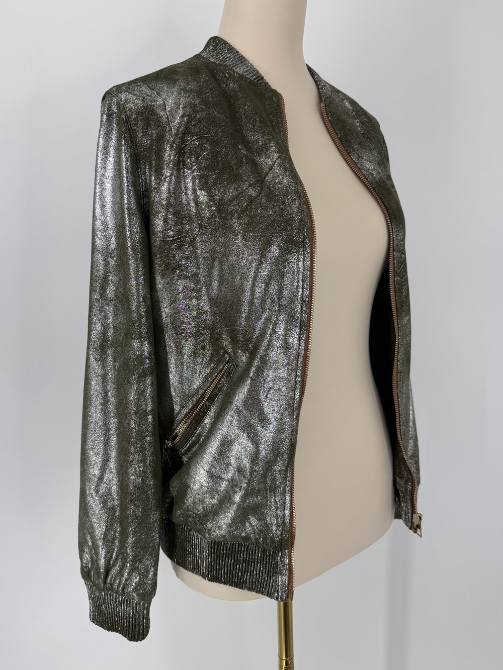 Zara, Olive/Metallic Bomber Jacket, Size XS - Picture 1 of 15